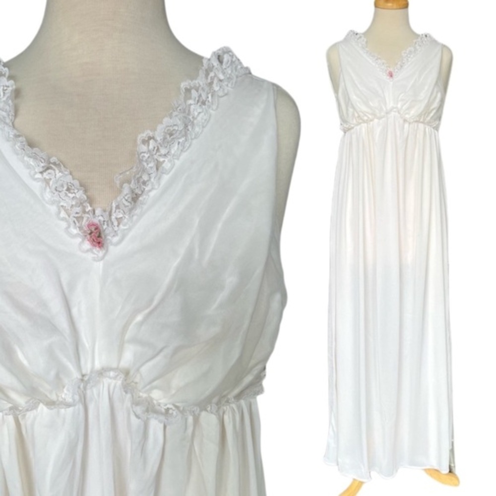 VINTAGE Figurettes 60s white empire waist nylon lace maxi slip nightgown